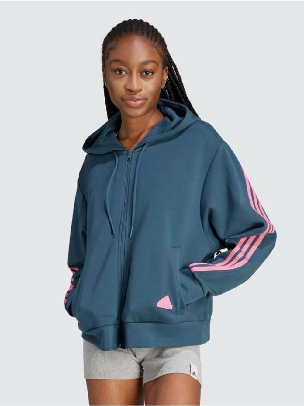 adidas Teal Zip-Up Hoodie Jacket with Pink Stripes